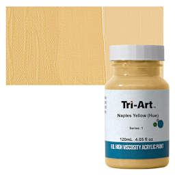 Tri-Art High Viscosity Artist Acrylic - Naples Yellow Hue, 120 ml jar and swatch