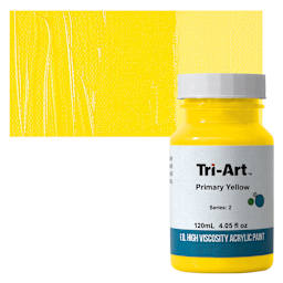 Tri-Art High Viscosity Artist Acrylic - Primary Yellow, 120 ml jar and swatch