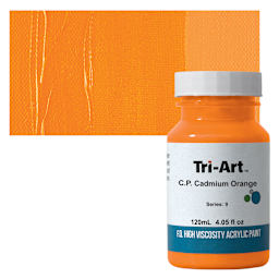Tri-Art High Viscosity Artist Acrylic - C.P. Cadmium Orange, 120 ml jar and swatch