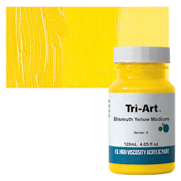 Tri-Art High Viscosity Artist Acrylic - Bismuth Yellow Medium, 120 ml jar and swatch