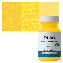 Tri-Art High Viscosity Artist Acrylic - Bismuth Yellow Deep, 120 ml jar and swatch