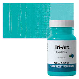 Tri-Art High Viscosity Artist Acrylic - Cobalt Teal, 120 ml jar and swatch