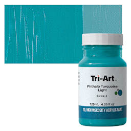 Tri-Art High Viscosity Artist Acrylic - Phthalo Turquoise Light, 120 ml jar and swatch