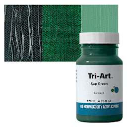 Tri-Art High Viscosity Artist Acrylic - Sap Green, 120 ml jar and swatch