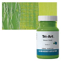 Tri-Art High Viscosity Artist Acrylic - Green Gold, 120 ml jar and swatch