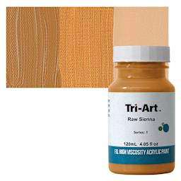 Tri-Art High Viscosity Artist Acrylic - Raw Sienna, 120 ml jar and swatch