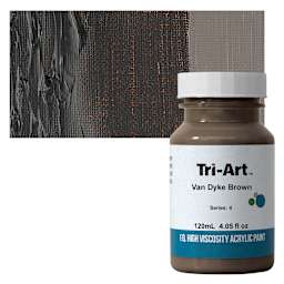 Tri-Art High Viscosity Artist Acrylic - Van Dyke Brown, 120 ml jar and swatch