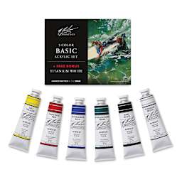 M. Graham Artists' Acrylics - Package standing with 6 color tubes in front