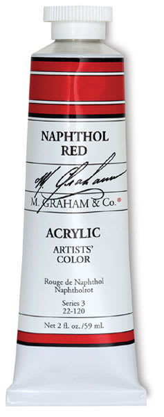 M. Graham Artists' Acrylics - 59 ml tube of Napthol Red shown upright
