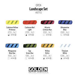 Golden Open Acrylics - Landscape Colors, Set of 7 with Thinner, 22 ml, swatches