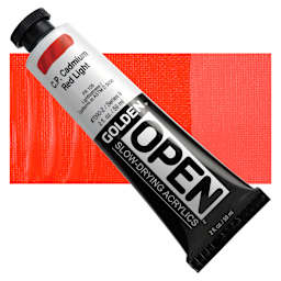 Golden Open Acrylic - Cadmium Red Light, 2 oz Tube and swatch