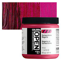 Golden Open Acrylic - Quinacridone Magenta, 8 oz Jar and swatch