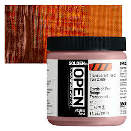 Golden Open Acrylic - Transparent Red Iron Oxide, 8 oz Jar and swatch
