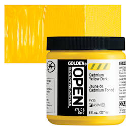 Golden Open Acrylic - Cadmium Yellow Dark, 8 oz Jar and swatch