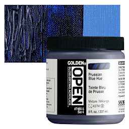 Golden Open Acrylic - Prussian Blue Hue, 8 oz Jar and swatch