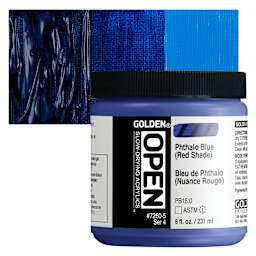 Golden Open Acrylic - Phthalo Blue (Red Shade), 8 oz Jar and swatch