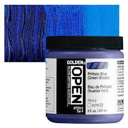 Golden Open Acrylic - Phthalo Blue (Green Shade), 8 oz Jar and swatch