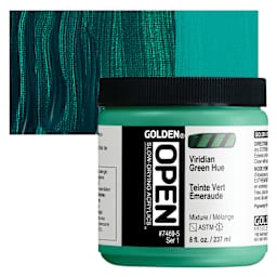 Golden Open Acrylic - Viridian Green Hue, 8 oz Jar and swatch