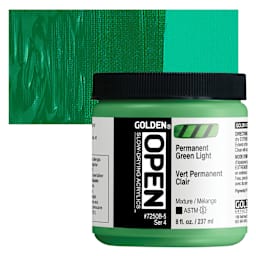 Golden Open Acrylic - Permanent Green Light, 8 oz Jar and swatch