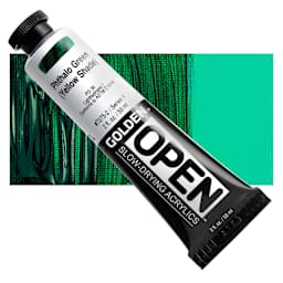 Golden Open Acrylic - Phthalo Green (Yellow Shade), 2 oz Tube and swatch