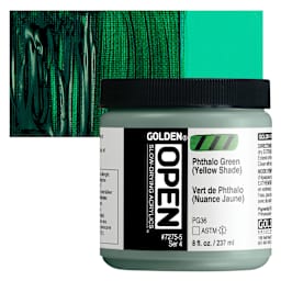 Golden Open Acrylic - Phthalo Green (Yellow Shade), 8 oz Jar and swatch