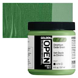 Golden Open Acrylic - Chromium Oxide Green, 8 oz Jar and swatch