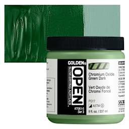 Golden Open Acrylic - Chromium Oxide Green Dark, 8 oz Jar and swatch
