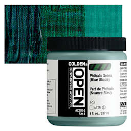 Golden Open Acrylic - Phthalo Green (Blue Shade), 8 oz Jar and swatch
