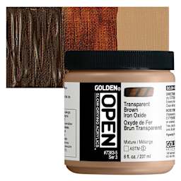 Golden Open Acrylic - Transparent Brown Iron Oxide, 8 oz Jar and swatch