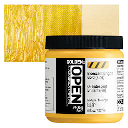 Golden Open Acrylic - Iridescent Bright Gold (Fine), 8 oz Jar and swatch
