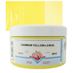 Old Holland New Masters Classic Acrylic Paint - Cadmium Yellow Lemon, 250 ml jar and swatch