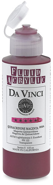Da Vinci Fluid Acrylics - 118 ml Bottle of Quinacridone Magenta shown with flip cap open
