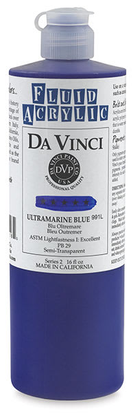Da Vinci Fluid Acrylics - Front view of 473 ml bottle of Ultramarine Blue

