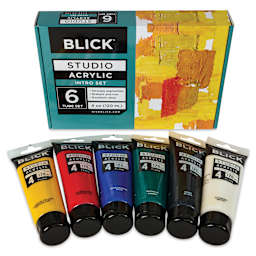 Blick Studio Acrylics - Set of 6 colors, 120 ml tubes, next to packaging