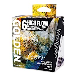 Golden High Flow Acrylics - Drawing and Lettering Set of 6, Assorted Colors, 30 ml Bottles (front of packaging)