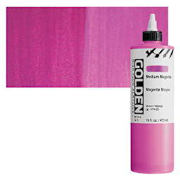 Golden High Flow Acrylic Paint - Medium Magenta, 16 oz bottle and swatch