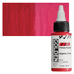 Golden High Flow Acrylic Paint - Primary Magenta, 1 oz bottle and swatch
