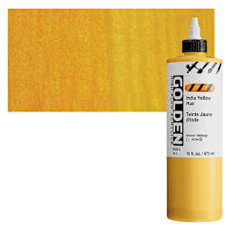Golden High Flow Acrylic Paint - Indian Yellow Hue, 16 oz bottle and swatch