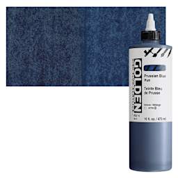 Golden High Flow Acrylic Paint - Prussian Blue Hue, 16 oz bottle and swatch