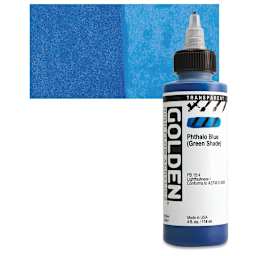 Golden High Flow Acrylic Paint - Transparent Phthalo Blue (Green Shade), 4 oz bottle and swatch