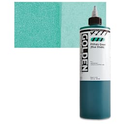 Golden High Flow Acrylic Paint - Transparent Phthalo Green (Blue Shade), 16 oz bottle and swatch