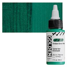 Golden High Flow Acrylic Paint - Viridian Green Hue, 1 oz bottle and swatch
