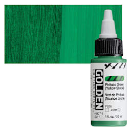 Golden High Flow Acrylic Paint - Phthalo Green (Yellow Shade), 1 oz bottle and swatch