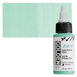 Golden High Flow Acrylic Paint - Light Phthalo Green, 1 oz bottle and swatch