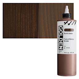 Golden High Flow Acrylic Paint - Burnt Umber, 16 oz bottle and swatch