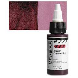 Golden High Flow Acrylic Paint - Alizarin Crimson Hue. 1 oz bottle and swatch