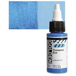 Golden High Flow Acrylic Paint - Fluorescent Blue, 1 oz bottle and swatch