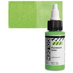 Golden High Flow Acrylic Paint - Fluorescent Green, 1 oz bottle and swatch