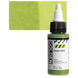 Golden High Flow Acrylic Paint - Green Gold, 1 oz bottle and swatch