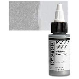 Golden High Flow Acrylic Paint - Iridescent Silver (Fine), 1 oz bottle and swatch